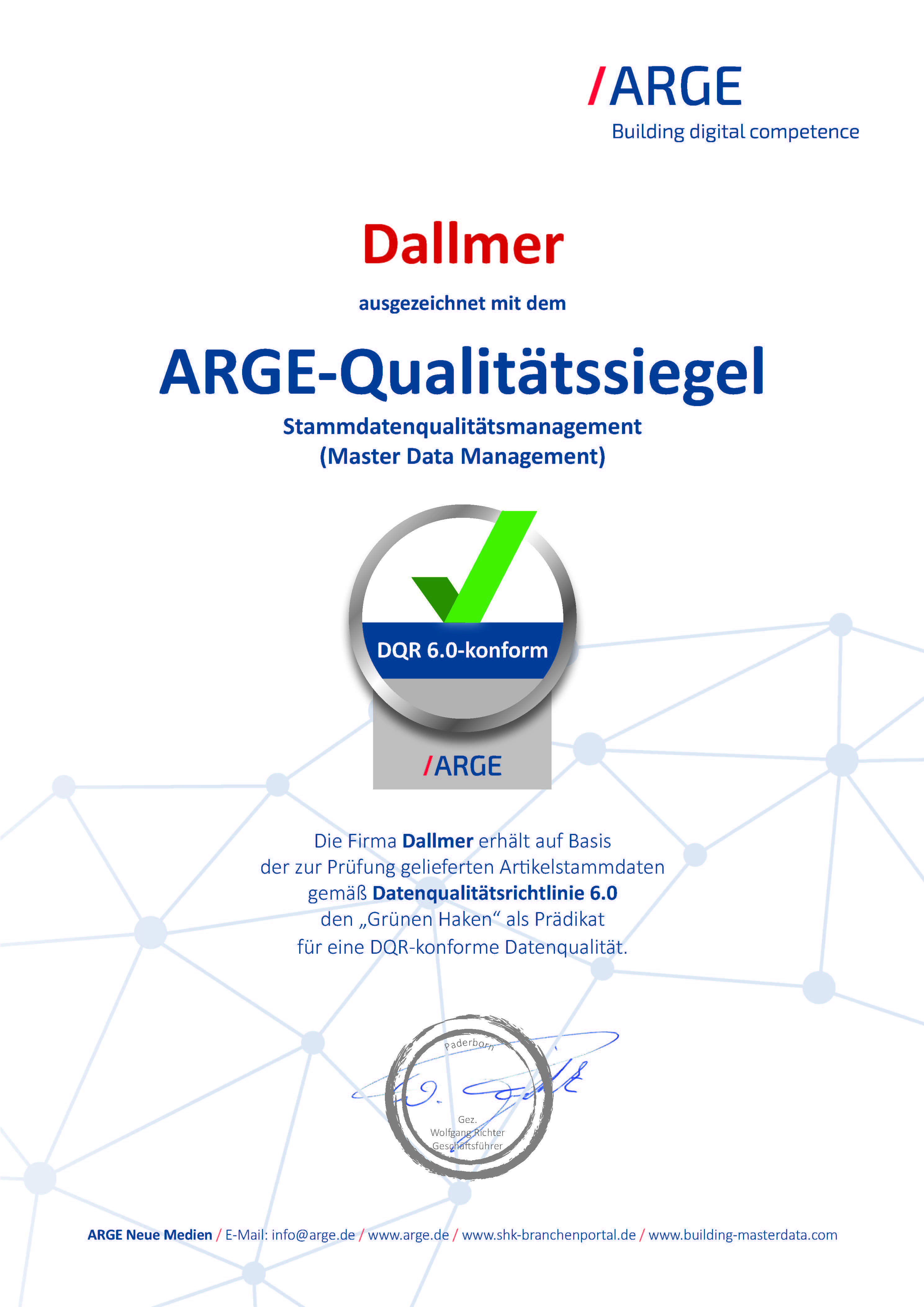 Entwässerungsspezialist Dallmer ist für seine optimale Datenqualität der Artikelstammdaten mit dem ARGE-Qualitätssiegel ausgezeichnet worden. Foto: Dallmer GmbH + Co. KG