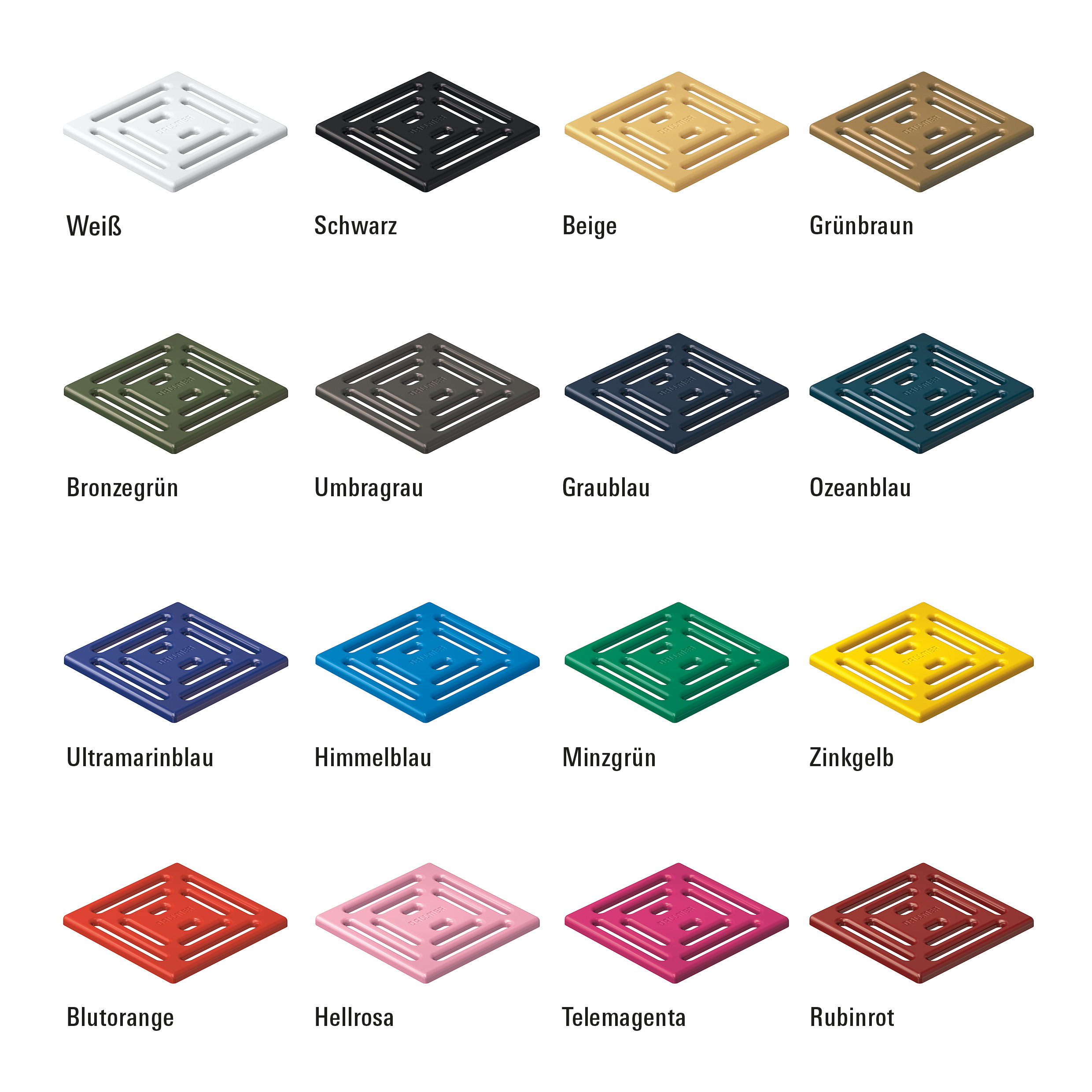 Die Dallmer ColourCollection: matt lackierte Roste in 16 ausgesuchten Farben. (Bild: Dallmer GmbH + Co. KG)