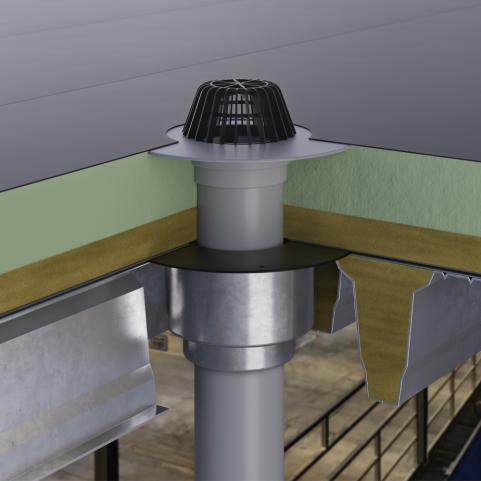 Fire insulation for roof drains in steel trapezoidal-profiled roofs